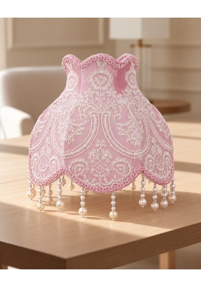 Pudra Pembe Kadife Kaplı El Yapımı Prenses Model Abajur Şapkası 30x27cm Lambader İçin Uyumlu Değildi