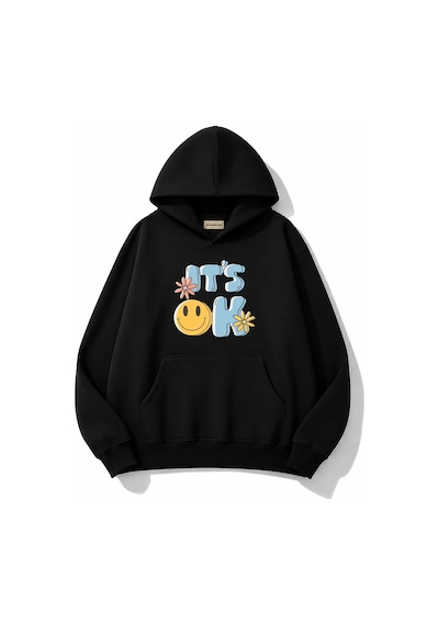 Herkesemoda İt's Ok Baskılı Kapüşonlu 2 İplik Şardonlu Sweatshirt Siyah