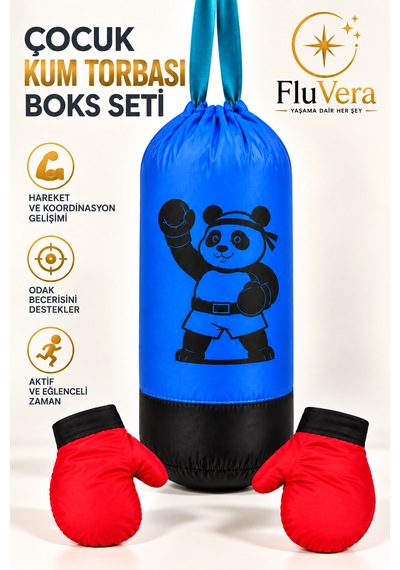 Çocuk Boks Seti Kum Torbası Ve 2 Adet Boks Eldiveni Mavi Siyah
