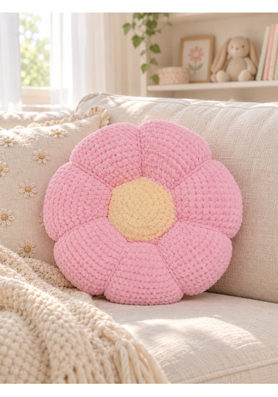 El Yapımı Örgü Çiçek Yastık Yumuşak Dokulu Dekoratif Papatya Kırlent 30 Cm Pembe