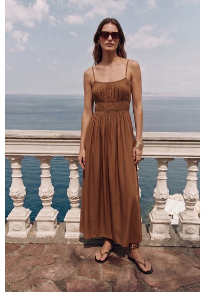 Sateen Askılı Uzun Elbise - Kahve-137493