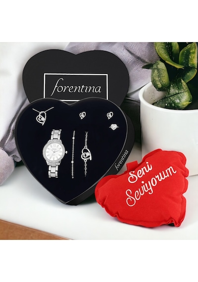 Forentina Gümüş Kaplama Kalp Kolye Küpe Bileklik Yüzük Saat Kalpli Yastık Hediye Set Ps3393 Çok Renkli