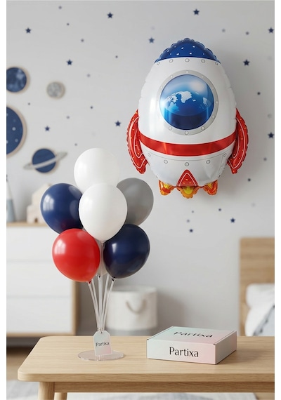 Uzay Roket Balon Stand Seti Şeffaf 7 Li Stand + Uzay Roket Folyo Balon 67 55 Cm + 7 Lateks Balon