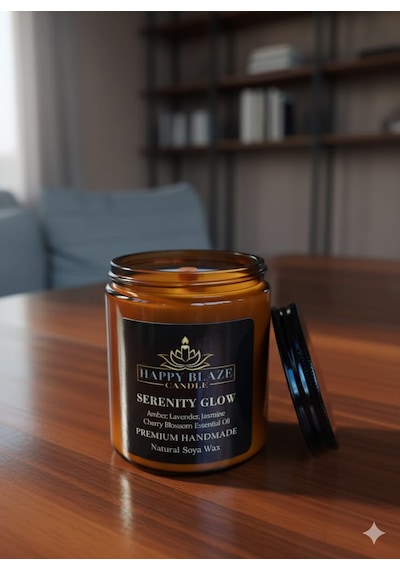 1. Serenity Glow Amber & Lavanta Kokulu El Yapımı Soya Mumu Happy Blaze Candle Amber