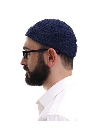 Lacivert Katlamalı Sade Desen Kışlık Kadife Takke Şapka
