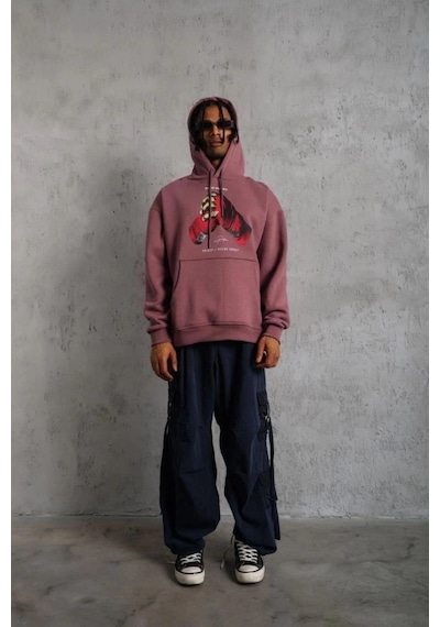 Freedom Storee Erkek Kapüşonlu Cepli Box Eldiven Baskılı 3 İplik Sweatshirt Hoodie - Gül Kurusu Çok Renkli