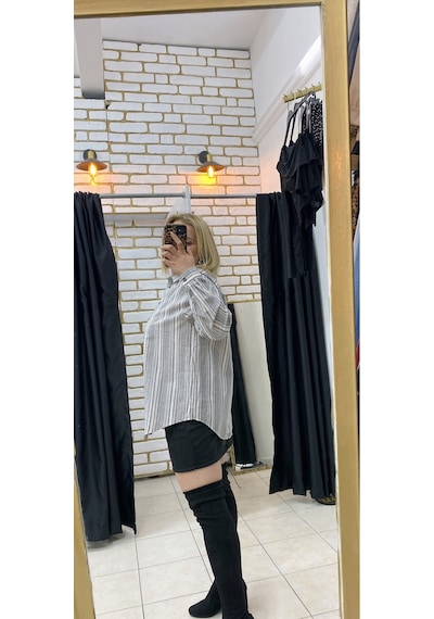 Tuba Toptaş Çizgili Poplin Gömlek Gri
