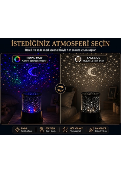 Yıldızlı Ay Projeksiyon Gece Lambası Usb & Pilli Oda Dekoru Çok Renkli