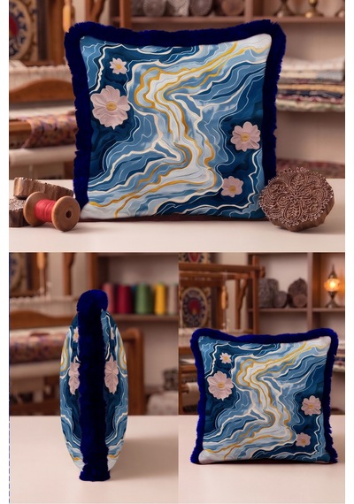 Çiçekli Geometrik Saçaklı Yastık Kılıfı - Soyut Floral Mavi Gold Lacivert Püsküllü Kırlent Kılıfı Puslu Düş Halo Çiçekli Geometrik Saçaklı Yastık Kılıfı - Soyut Floral Mavi Gold Lacivert Püsküllü Kırlent Kılıfı Puslu Düş Halo