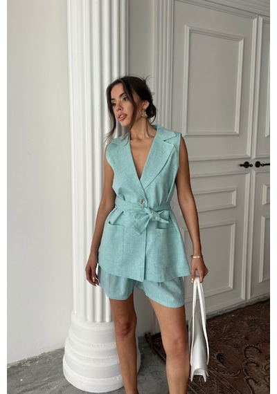 Moderie Butik Keten Yelek - Şort Takım - Mint Mint
