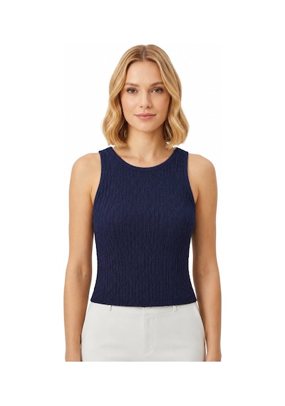 Cottonhıll Premium - Tide Collection Lacivert Bisiklet Yaka Bürümcük Dokulu Kolsuz Kadın Crop Bluz