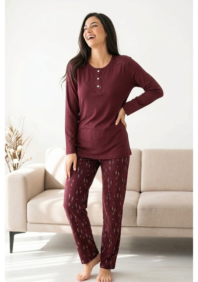 Aura Collections Kadın Pamuklu Uzun Kollu Üç Düğmeli Biyeli Soft Örme Pijama Takımı Bordo