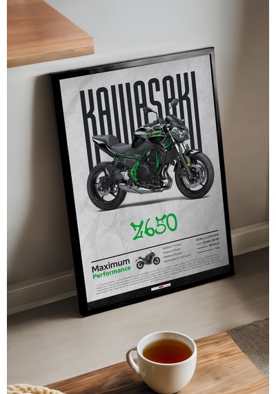 Kawasaki Z650 Siyah Ahşap Çerçeveli Poster, Dekoratif Motosiklet Duvar Tablosu