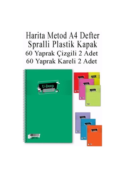 A4 Okul Defteri Spiralli Plastik Kapak 60 Yaprak Çizgili 2 Adet Ve 60 Yaprak Kareli 2 Adet Spralli Harita Metod