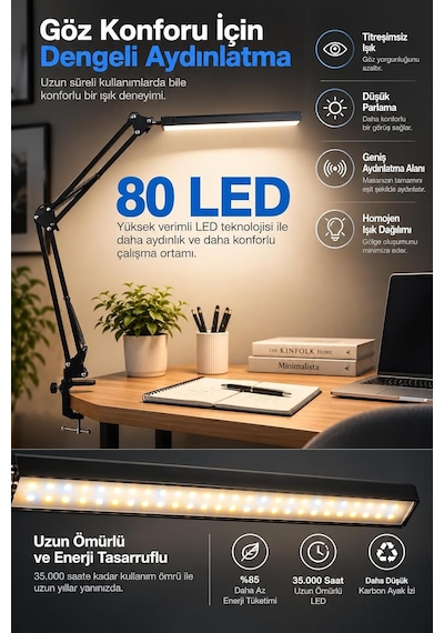 80 Led Uzun Kollu Kelepçeli Masa Lambası - 3 Renk 10 Kademe Parlaklık, 360 Ayarlanabilir Başlık, Usb Mimar Çalışma Okuma Çizim Lambası Bilgisayar Masası Lambası Akrobatik Lamba