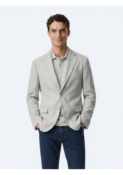 Kip Bej Desenli Modern Fit Keten Karışımlı Ceket