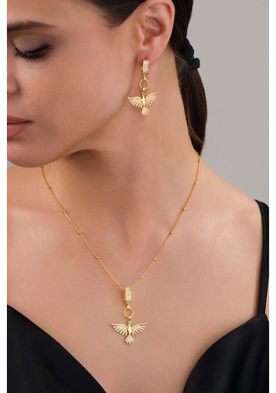 Gümüş Pazarım Altın Kaplama 925 Ayar Gümüş Top Zincirli Anka Kuşu Kolye Küpe Set 06844948