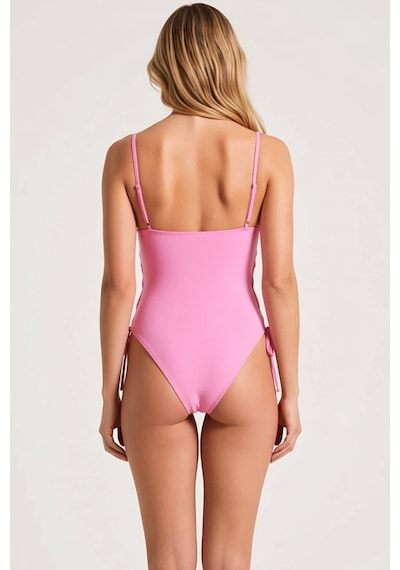 Benerly Kadın Mayo İnce Askılı Kapsız Düz Desen Biyeli Örme Kumaş Regular Pembe