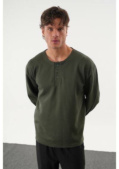 Redline Taren Oversize Erkek Kışlık Düğmeli Sweatshirt Haki