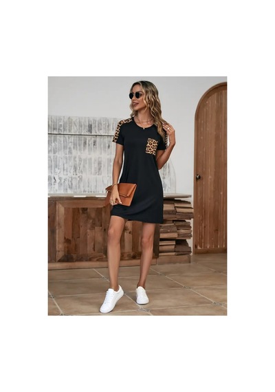Butik İstanbul Kadın Kısa Kollu Yuvarlak Yaka Cepli Leopar Desen Detaylı Viskon Elbise Siyah Butik İstanbul Kadın Kısa Kollu Yuvarlak Yaka Cepli Leopar Desen Detaylı Viskon Elbise Siyah