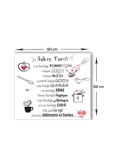 Cam Ocak Arkası Koruyucu Aşkın Tarifi Beyaz Fon 52cm X 60cm