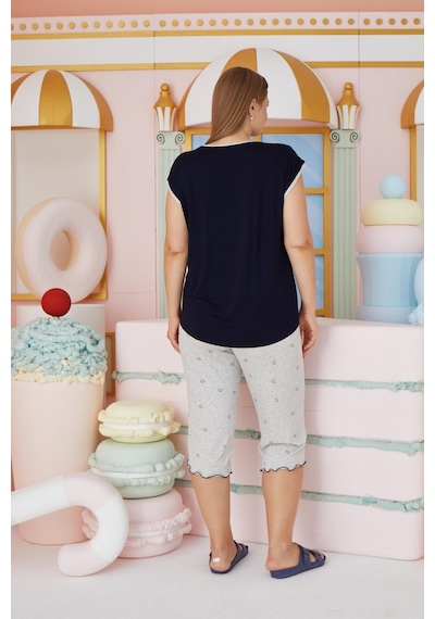 Sevim Kadın Büyük Beden Kısa Kol Kapri Lacivert Pijama Takım C2t4n7o51 001