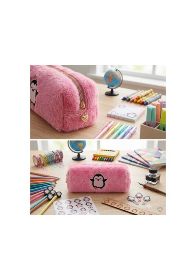 Peluş Kalem Kutusu Kalemlik Kalem Çantası 6x10x19 Cm Orta Boy Koyu Pembe Panda Çok Renkli