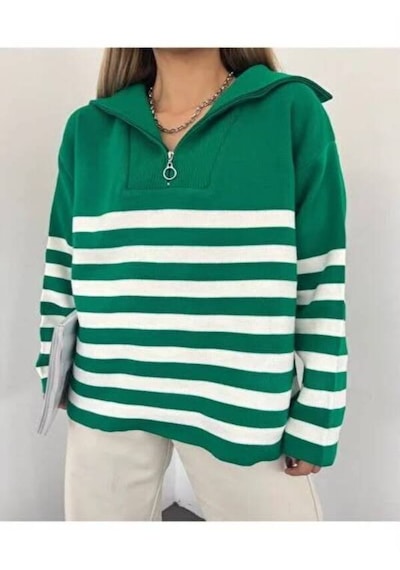 Guzelco Yeşil Çizgili Dik / Geniş Yaka Fermuarlı Triko Bluz - Salaş Kesim Spor Şık Örme Kazak Ekru - Yeşil Guzelco Yeşil Çizgili Dik / Geniş Yaka Fermuarlı Triko Bluz - Salaş Kesim Spor Şık Örme Kazak Ekru - Yeşil