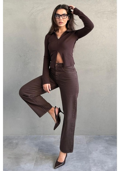 Kahverengi Yüksek Bel Mom Fit Kadın Jean Mg2654 Kahverengi