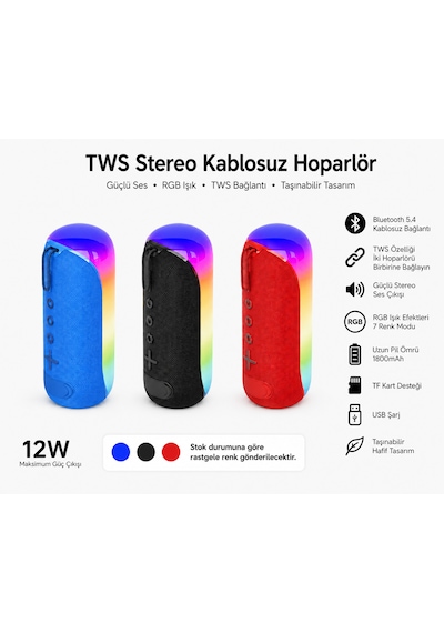 Blc Tws Stereo Kablosuz Bluetooth Hoparlör Rgb Işıklı 12w Güçlü Ses 1800mah Taşınabilir Tf Kart Destekli Usb Şarjlı