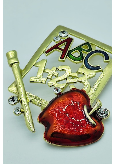 Öğretmen Temalı Abc 123 Kırmızı Elma Taşlı Broş Renkli Eğitim Sembollü Brooch Çok Renkli