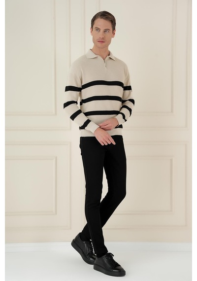 Efor Slim Fit Çizgili Fermuarlı Polo Yaka Bej Triko Kazak Tr 877 Bej