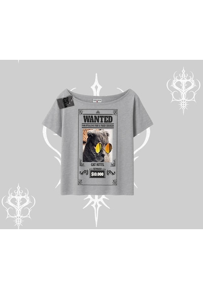 Tarzsokak Wanted Temalı Kedi Baskılı Kayık Yaka Tshirt Gri