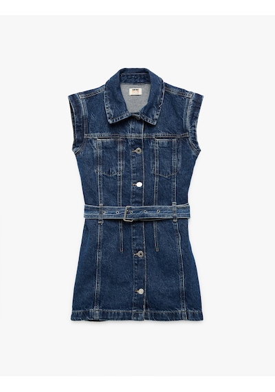 Koton Pamuklu Kemer Detaylı Gömlek Yaka Denim Elbise Orta İndigo 5skg80026ad İndigo
