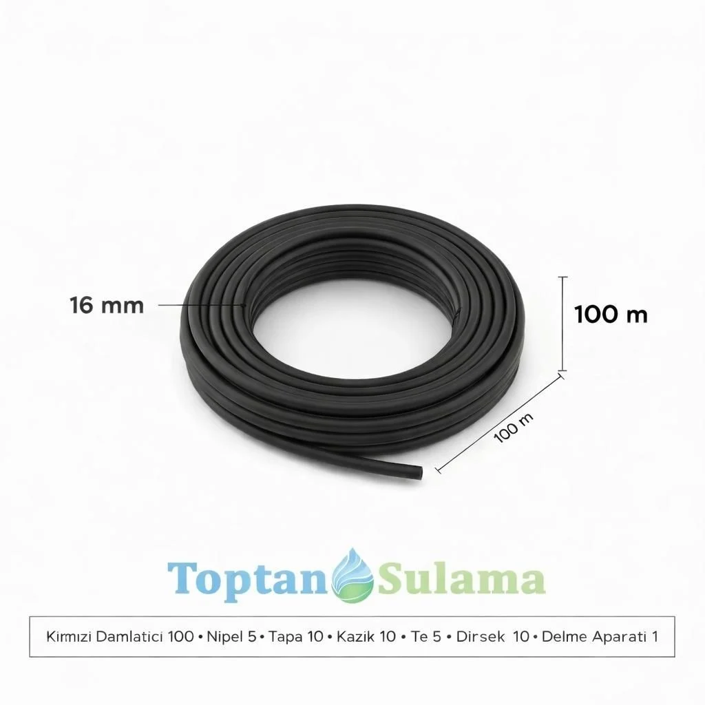 16 Mm Düz Damlama Seti 100 M 100 Adet Kırmızı Damlatıcılı, Delme Aparatlı Bahçe/sera