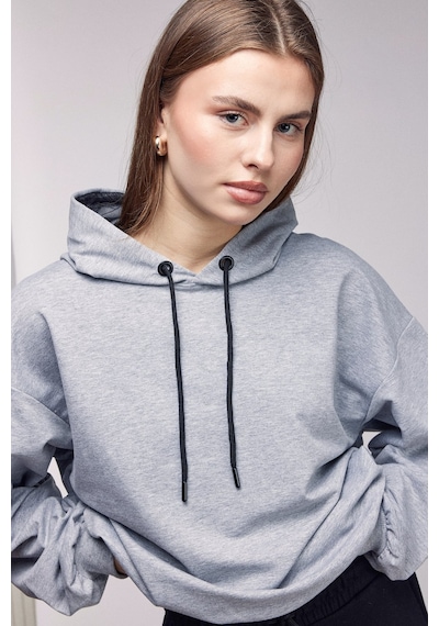 Sââde Kadın Oversize Kapüşonlu Basic Hoodie Sweatshirt Gri