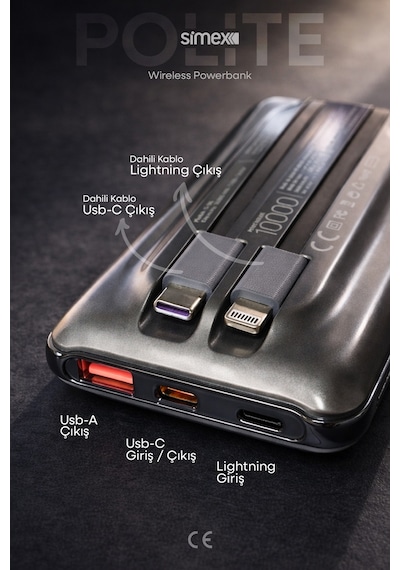 Simex 10.000mAh MagSafe Powerbank 15W Wireless / 22.5W Hızlı Şarj - Dahili Type-C Lightning Kablolu S-38