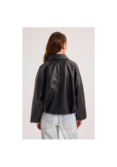 Meecy Yeni Sezon Suni Oversize Bomber Deri Ceket Siyahh Siyahh