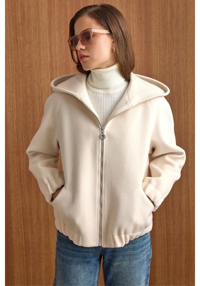 Olcay Kapüşonlu Beli Lastikli Oversize Kısa Kaban Ekru 3162