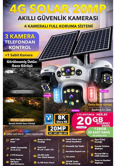 3 Hareketli 4 Kamera 20mp Sım Kartlı Solar 4g Güneş Enerjili Güvenlik Kamerası Sd Kart İnternt Dahil 94294202