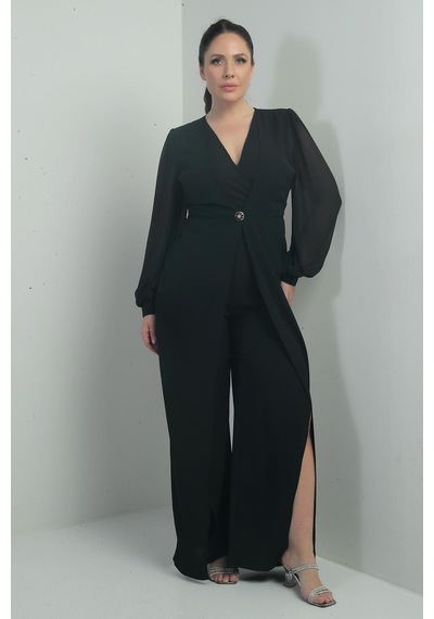 By Saygı Kadın V Yaka Önü Tek Düğme Kolları Şifon Yarım Astarlı Büyük Beden Krep Tulum-40374 Siyah By Saygı Kadın V Yaka Önü Tek Düğme Kolları Şifon Yarım Astarlı Büyük Beden Krep Tulum-40374 Siyah