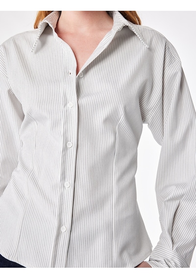 Koton Klasik Yaka Slim Fit Çizgili Uzun Kollu Gömlek Ekru Çizgili 7wak60189pw