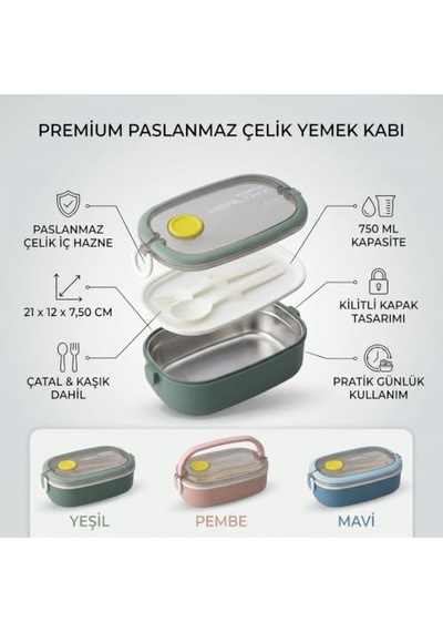 Deconox Paslanmaz Çelik Yemek Kabı 750 Ml, Çatal Kaşık Dahil, Kilitli Kapaklı Lunch Box, Yemek Taşıma Ve Saklama Kabı, 21x12x7,50 Cm, Yeşil/pembe/mavi