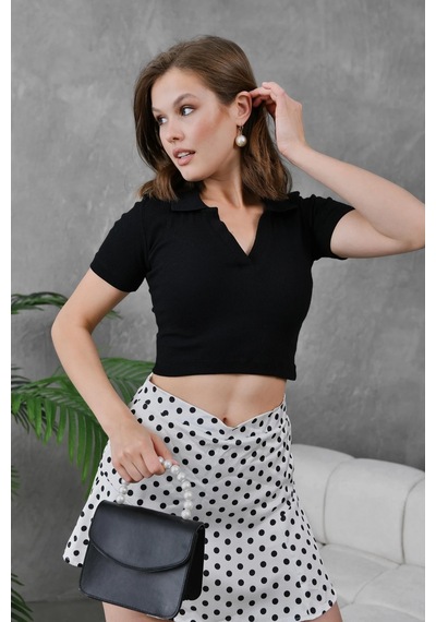 Park Karon Kadın Siyah Polo Yaka Basic Crop Body Siyah