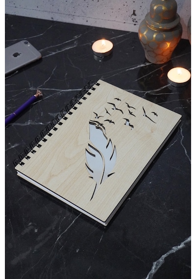 Kuş Tüy Desenli Ahşap Defter - Ajanda - 120 Sayfa Çizgisiz Defter Ahşap Rengi Banu A5 Notebook Gümüş