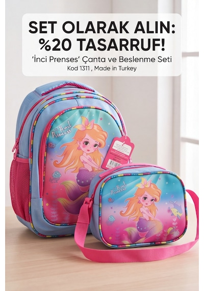 Mermaid Deniz Kızı Desenli Beslenme Çantalı İlkokul Ve Anaokulu Sırt Çantası Seti Ergonomik Çocu... Pembe