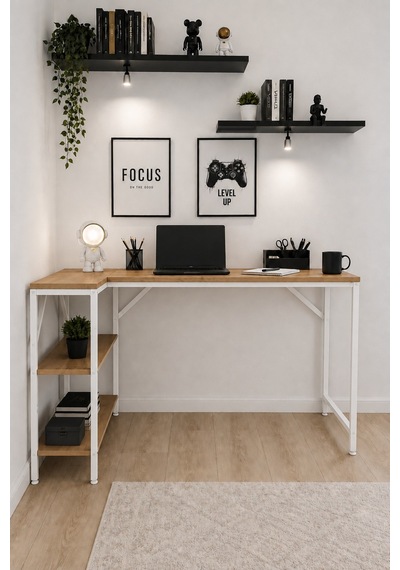 Çam/beyaz L Masa, Kitaplıklı, Raflı, 120 Cm Çalışma Masası, Bilgisayar, Pc, Oyuncu, Gaming Masası Metal Ayaklı Kahverengi