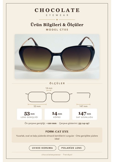 Uv 400 Koruma Polarize Cat Eye Kahverengi Kadın Güneş Gözlüğü İki Renk