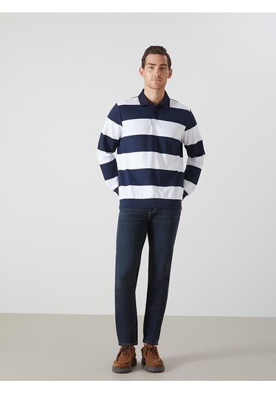 Lcwaıkıkı Basic Lacivert Polo Yaka Uzun Kollu Çizgili Erkek Sweatshirt