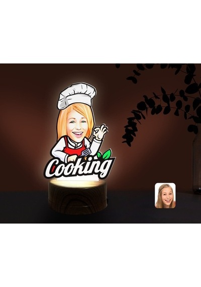 Kişiye Özel Kadın Chef Karikatürlü Dekoratif 3D Biblo Led Işıklı (481501220)